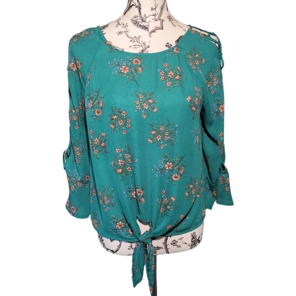 Sweet Rain Tops - Sweet Rain Blouse Women' Floral SZ XL Tie Sleeves Knot Front Dressy Floral Cute!